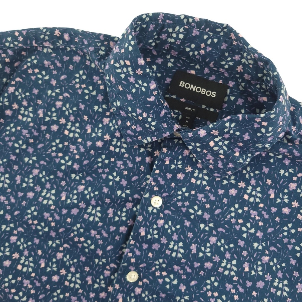 Bonobos Shirt Mens M Blue Floral Short Sleeve Button Up Slim Fit Cotton Casual